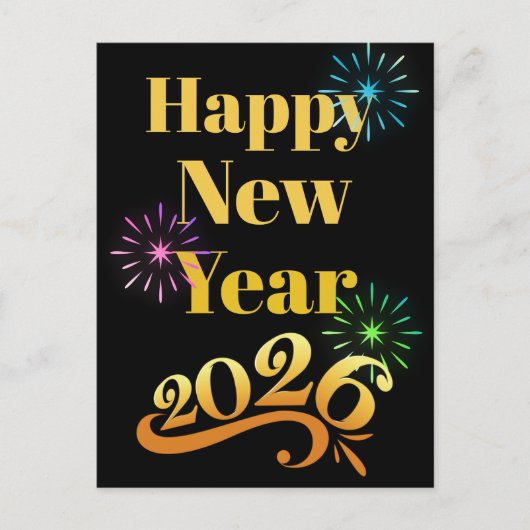 Ornate Golden Happy Near Year 2026 Fireworks Black Postkarte (Vorderseite)