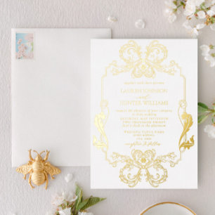 Ornate Goldene Florale Linienkunst-Monogramm-Hochz Folieneinladung