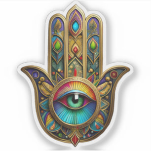 Ornate Goldfarbene Hamsa Grün auf Rotem Dritten Au Aufkleber