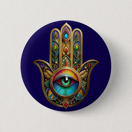 Ornate Goldfarbene Hamsa Grün auf Rotem Dritten Au Button (Vorderseite)