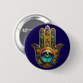 Ornate Goldfarbene Hamsa Grün auf Rotem Dritten Au Button (Vorne & Hinten)