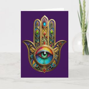 Ornate Goldfarbene Hamsa Grün auf Rotem Dritten Au Karte