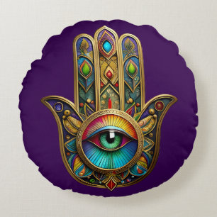 Ornate Goldfarbene Hamsa Grün auf Rotem Dritten Au Rundes Kissen