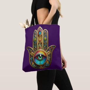Ornate Goldfarbene Hamsa Grün auf Rotem Dritten Au Tasche