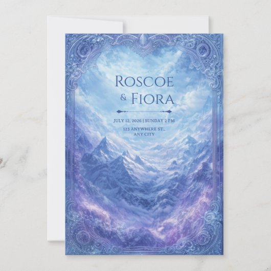Ornate Mystic Snow Mountain Vista Wedding Einladung (Vorderseite)