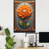 Ornate Orange Flower Artwork in Gold Frame Poster (Heimbüro)