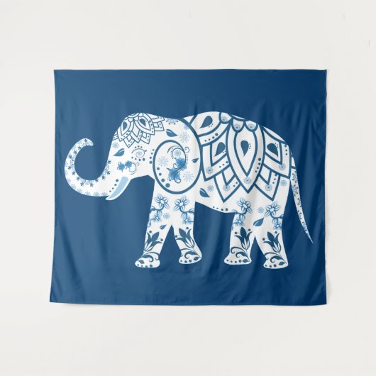 Ornate Patterned Blue Elephant Wandteppich (Vorderseite (Horizontal))