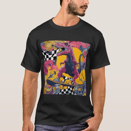 Ornate Pink T-Rex Skateboarding T-Shirt (Vorderseite)
