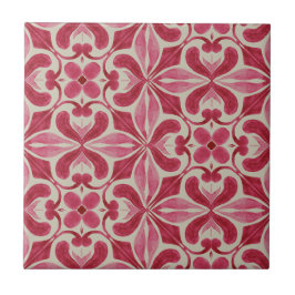 Ornate Red Azulejo Pattern with Floral Motifs  Fliese
