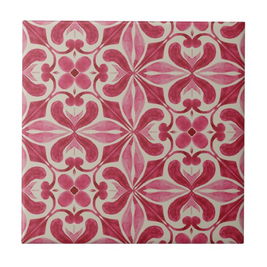 Ornate Red Azulejo Pattern with Floral Motifs  Fliese (Vorderseite)