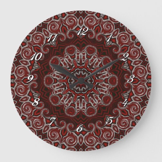 Ornate Red Bohemian Mandala Wall Clock Große Wanduhr (Vorderseite)
