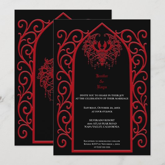 Ornate red border Gothic wedding Invitation Einladung (Vorne/Hinten)