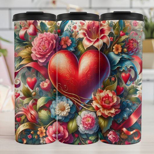 Ornate Red Heart Floral Thermosbecher