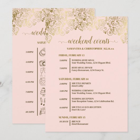 Ornate Rosé-Hochzeitsevents und Zeitplan Programm (Vorne/Hinten)