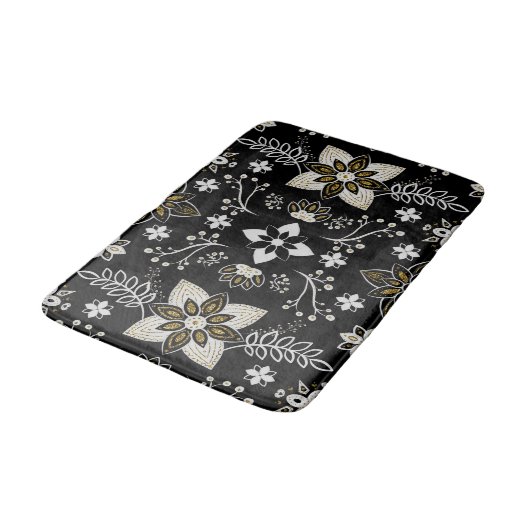 Ornate Schwarz-Weiß-Blumenmuster Badematte (Schrägansicht)