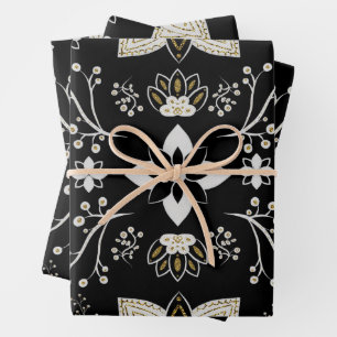 Ornate Schwarz-Weiß-Blumenmuster  Geschenkpapier Set
