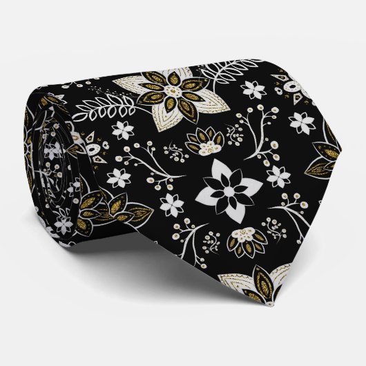 Ornate Schwarz-Weiß-Blumenmuster Krawatte (Gerollt)
