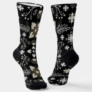 Ornate Schwarz-Weiß-Blumenmuster Socken