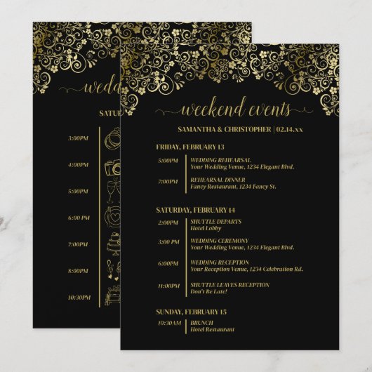 Ornate Schwarze & Goldene Hochzeitsveranstaltungen Programm (Vorne/Hinten)