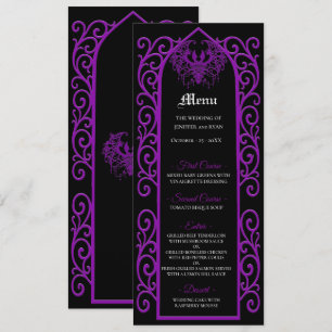 Ornate schwarze und violette gotische Hochzeitsmen Menükarte