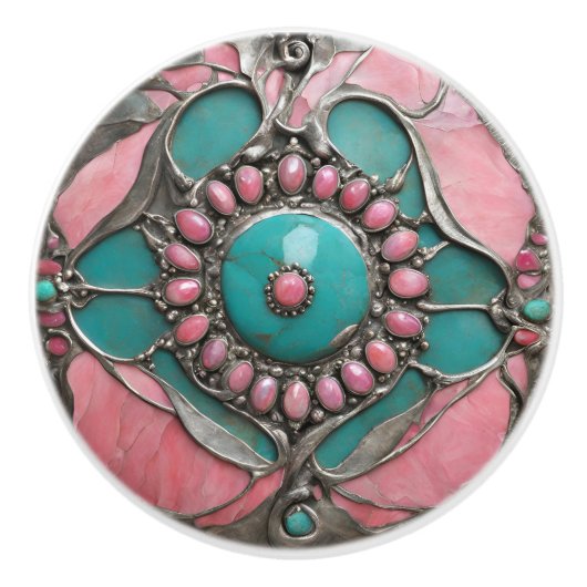Ornate Tourmaline & Turquoise Art in Silver Keramikknauf (Vorderseite)