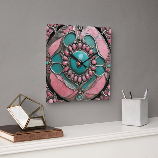 Ornate Tourmaline & Turquoise Art in Silver Quadratische Wanduhr (Büro)