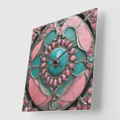 Ornate Tourmaline & Turquoise Art in Silver Quadratische Wanduhr (Winkel)