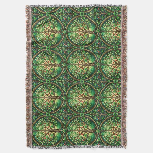 Ornate tree pattern in green and brown on a woven  decke (Vorderseite Vertikal)