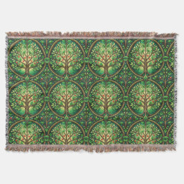 Ornate tree pattern in green and brown on a woven  decke