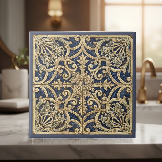 Ornates Barockmuster Pat#2 Blau Gold ID1195 Fliese