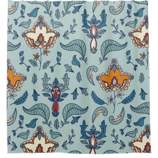 Ornates Blumenmuster auf einem hellblauen Hintergr Duschvorhang (Vorderseite)