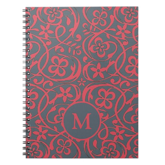 Ornates Blumenmuster in rosa und grauem Monogramm Notizblock (Vorderseite)