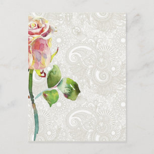 Ornates Blumenmuster mit rosa Wasserfarben-Rose Postkarte