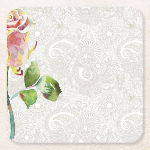 Ornates Blumenmuster mit rosa Wasserfarben-Rose Rechteckiger Pappuntersetzer
