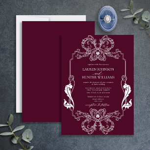 Ornates burgunderrotes florales Monogramm-Hochzeit Einladung