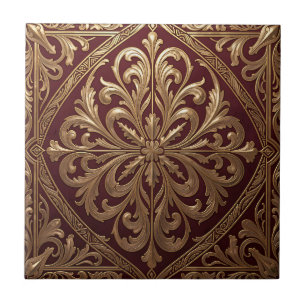 Ornates Gold-Akanthus-Muster Tiefroter Barock Fliese