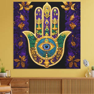 Ornates goldenes drittes Auge Hamsa Leinwanddruck