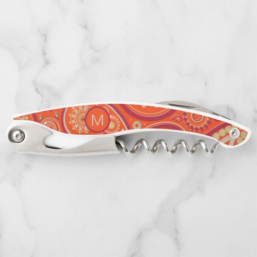 Ornates oranges Paisley-Muster-Monogramm Kellnermesser (Vorderseite)