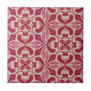 Ornates rotes Azulejo-Muster mit floralen Motiven Fliese