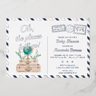 Orte, an denen er reisen Baby Boy Navy Blue Silver Folieneinladung