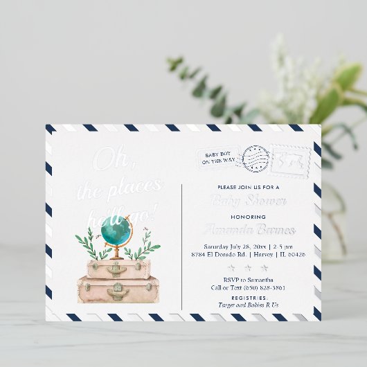 Orte, an denen er reisen Baby Boy Navy Blue Silver Folieneinladung (Stehend vorne)