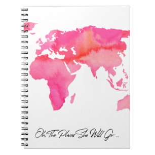Orte, an denen sie rosa Wasserfarbenweltkarte ziti Notizblock