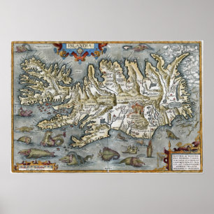 Ortelius Islandia Karte mit Sea Monsters Print Poster