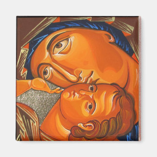 Orthodoxe Icon-Jungfrau mit Kindermagazin spielen Magnet