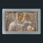 Orthodoxe Ikone Rechteckige Gürtelschnalle<br><div class="desc">Jesus Christus und seine Mutter Mary auf alter russischer Ikone. Silberner Blick. Fotografie.</div>