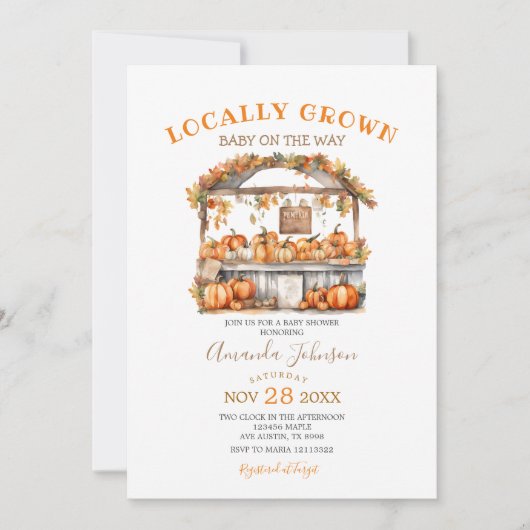 Örtlich gebaute Orange Pumpkin Market Baby Dusche Einladung (Vorderseite)