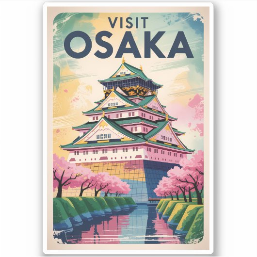 Osaka Japan Castle Illustration Travel Art Vintage Aufkleber (Vorderseite)