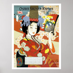 Osaka, Japan, Geisha mit Fächer, Vintage-Reise Poster