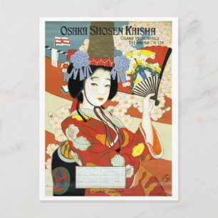 Osaka, Japan, Geisha mit Fächer, Vintage-Reise Postkarte