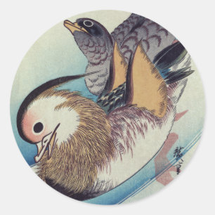 Oshidori Mandarinen-Enten durch Ando Hiroshige C. Runder Aufkleber